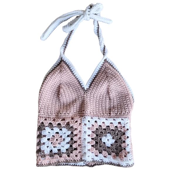 Handmade Crochet knit granny square halter top fits medium pink boho hippe - Picture 2 of 7
